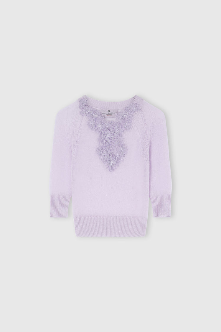 Pure cashmere sweater top with rebrodé lace