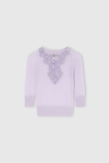 Pure cashmere sweater top with rebrodé lace