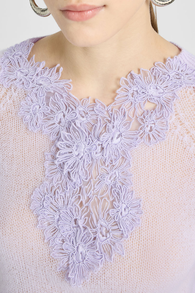 Pure cashmere sweater top with rebrodé lace