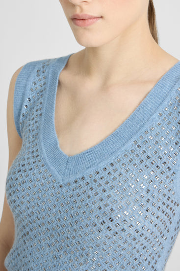 Sleeveless pure cashmere top with crystals