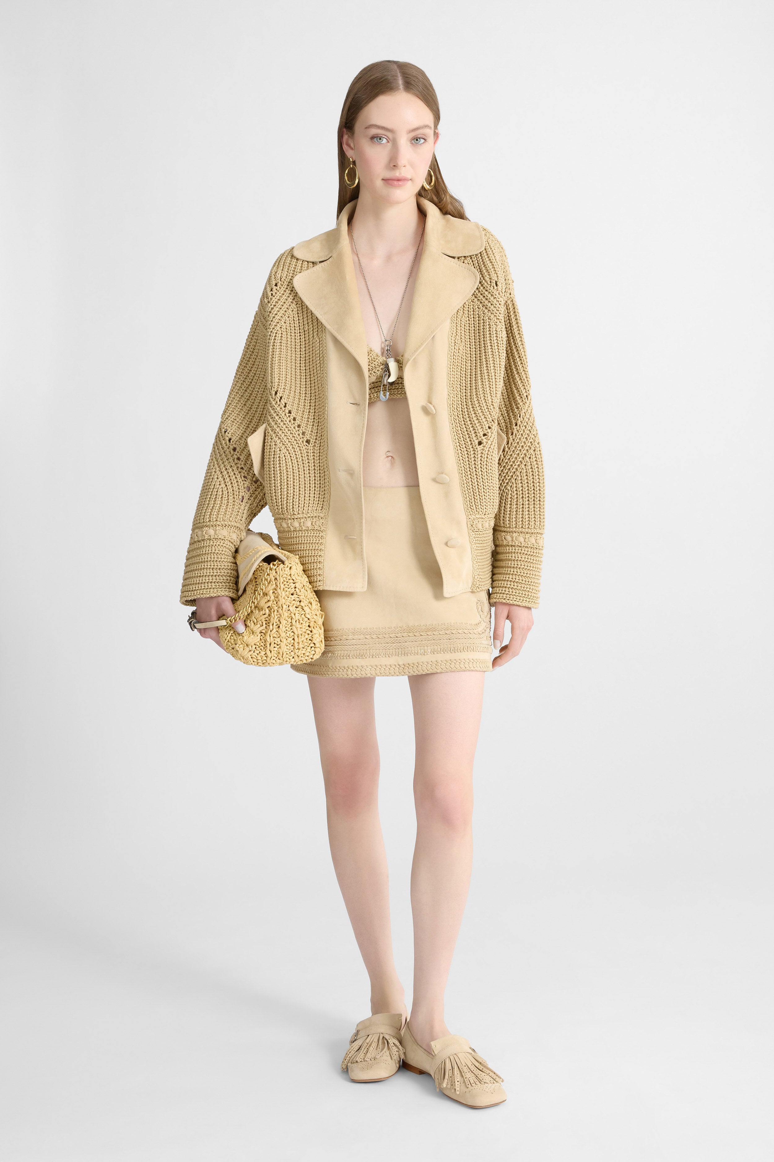 Cotton cardigan with suede leather details