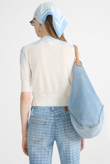 T-shirt en coton Filo di Scozia avec broderie micro vichy dégradée