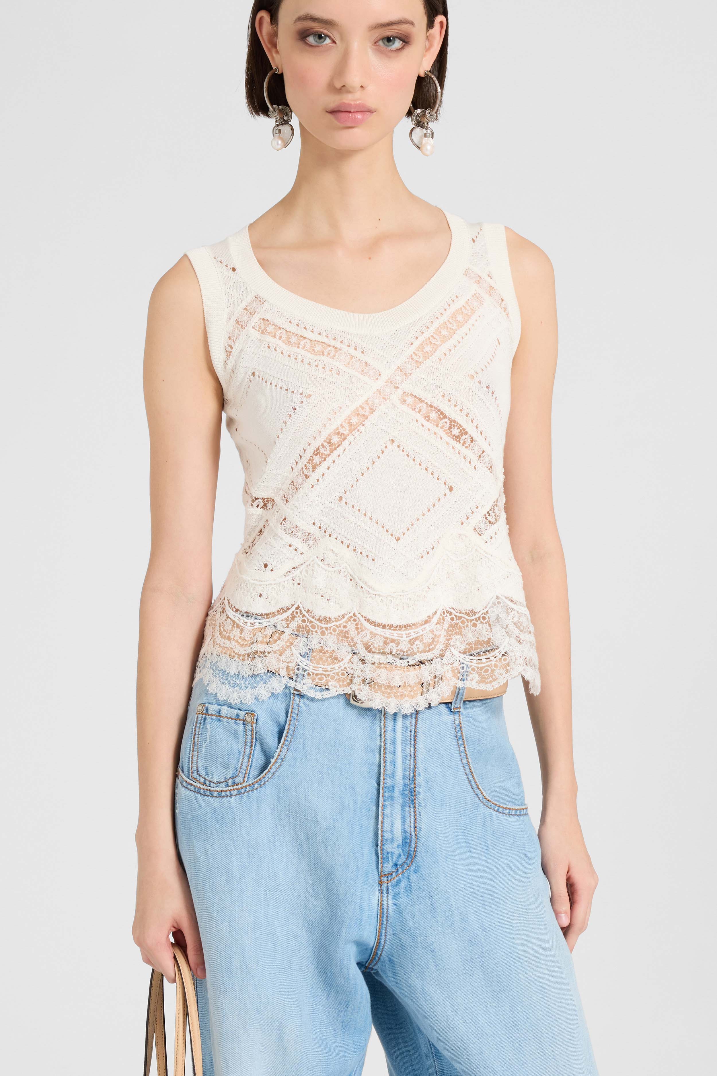 Top senza maniche con pizzo Valenciennes