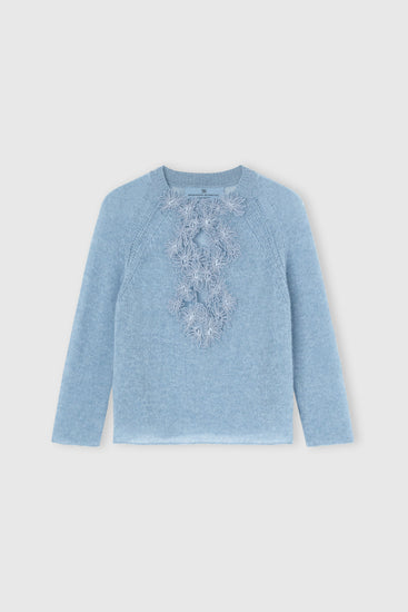 Cashmere sweater with V-neck and daisy appliqués