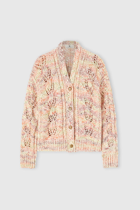 Midi Cotton Mouliné Cardigan with Interlaced Leaf Pattern