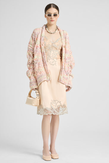 Midi Cotton Mouliné Cardigan with Interlaced Leaf Pattern