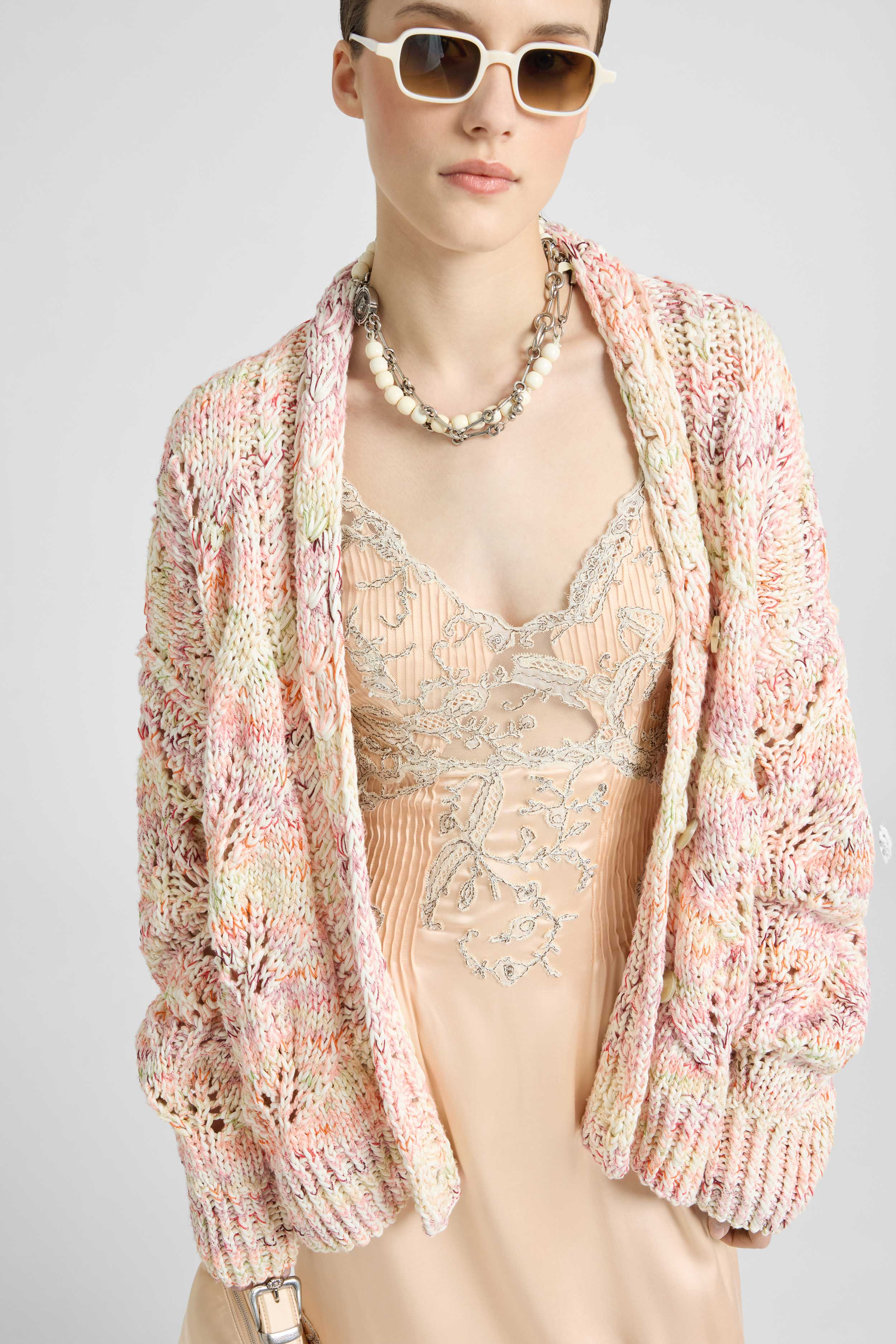Midi Cotton Mouliné Cardigan with Interlaced Leaf Pattern