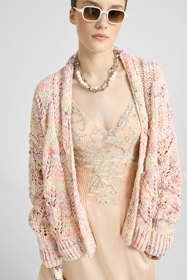 Midi Cotton Mouliné Cardigan with Interlaced Leaf Pattern