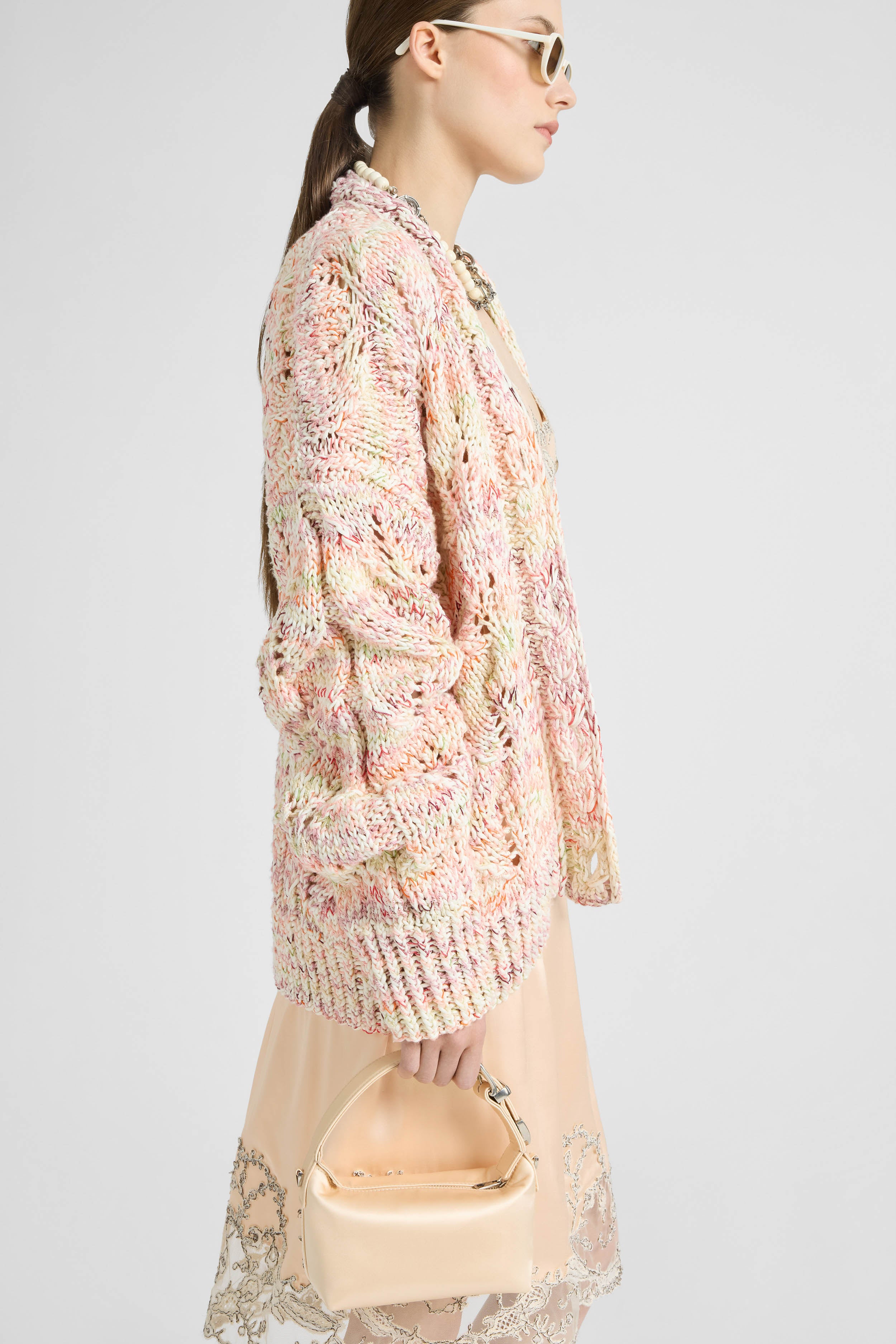 Midi Cotton Mouliné Cardigan with Interlaced Leaf Pattern