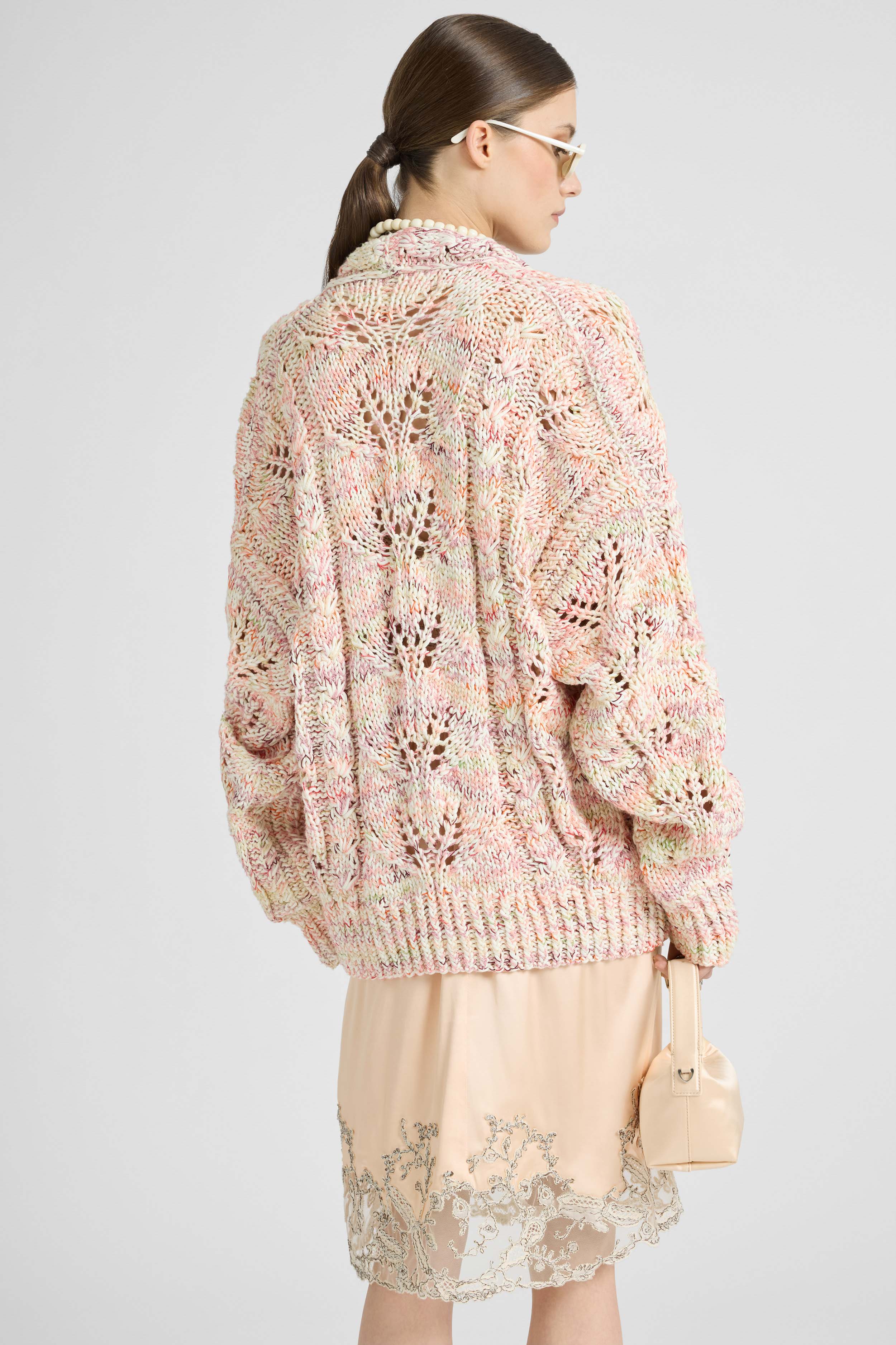 Midi Cotton Mouliné Cardigan with Interlaced Leaf Pattern