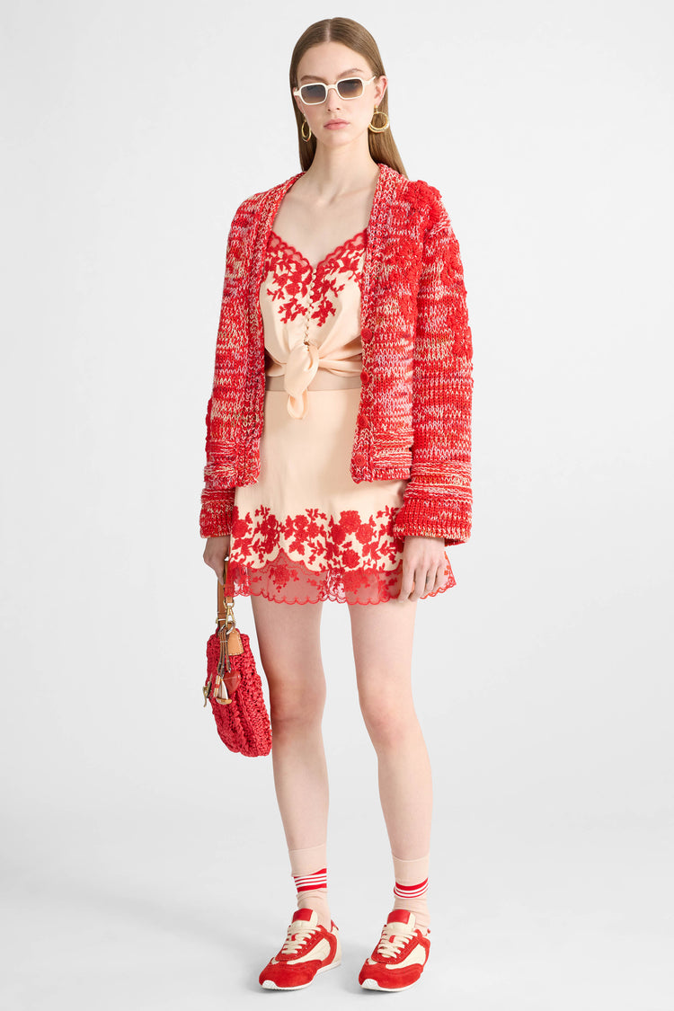 Cotton Mouliné Cardigan with Hand-Embroidered Floral Motif