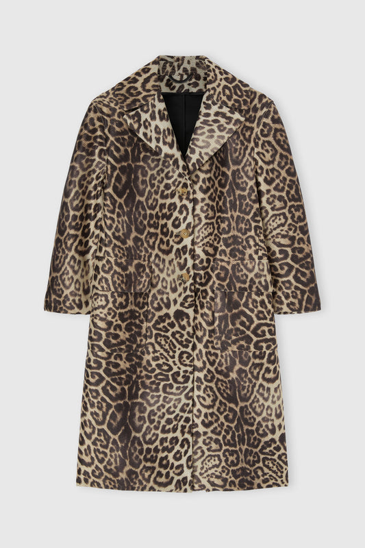 Technical mesh-effect coat with natural leopard print