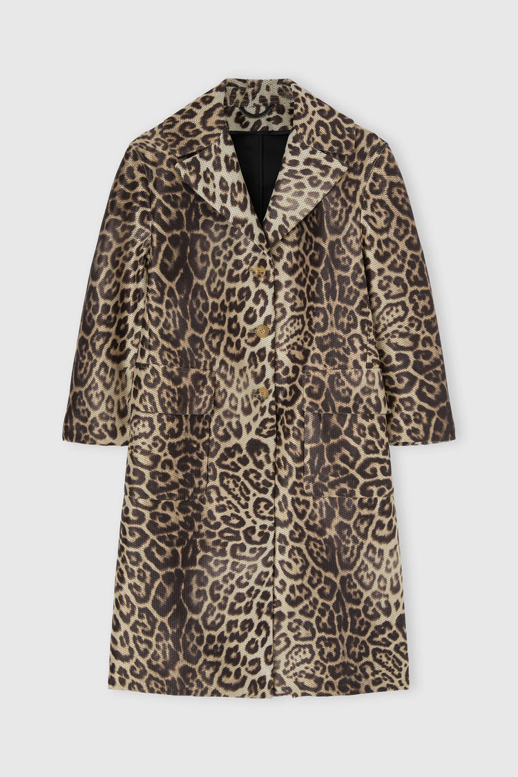 Technical mesh-effect coat with natural leopard print