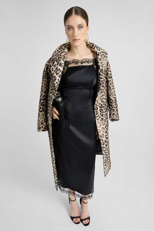 Technical mesh-effect coat with natural leopard print