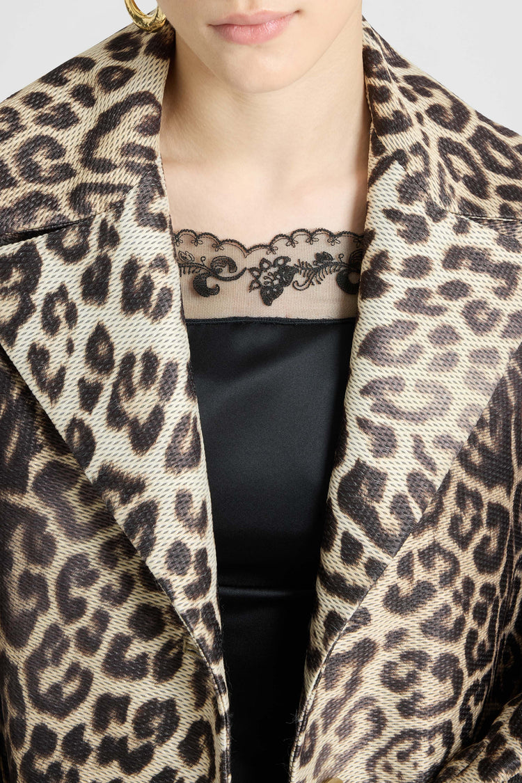 Technical mesh-effect coat with natural leopard print