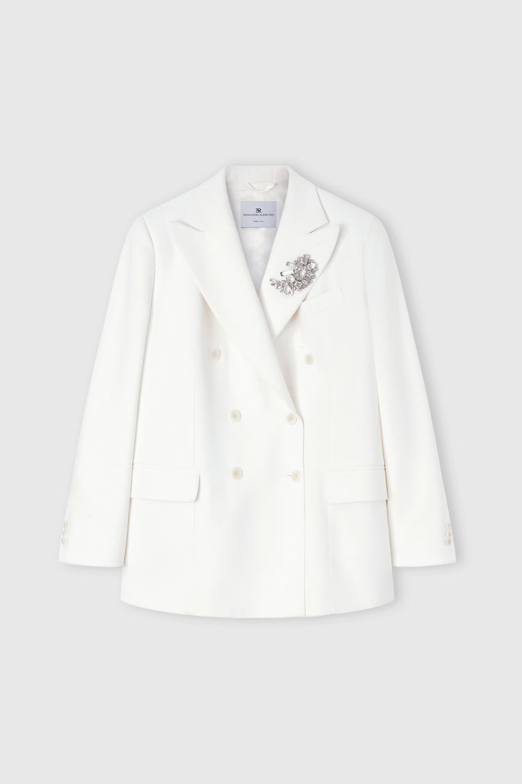 Double-breasted cadì viscose jacket with daisy brooch