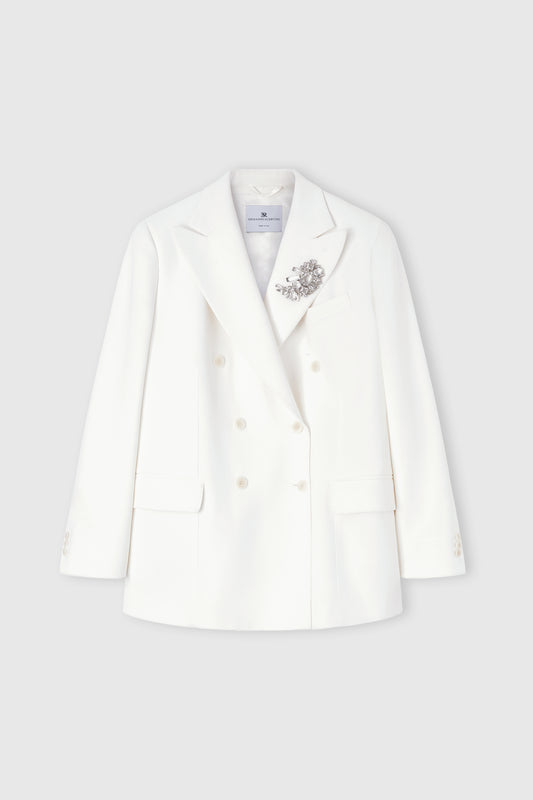 Double-breasted cadì viscose jacket with daisy brooch