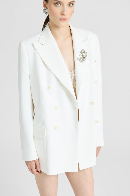Double-breasted cadì viscose jacket with daisy brooch