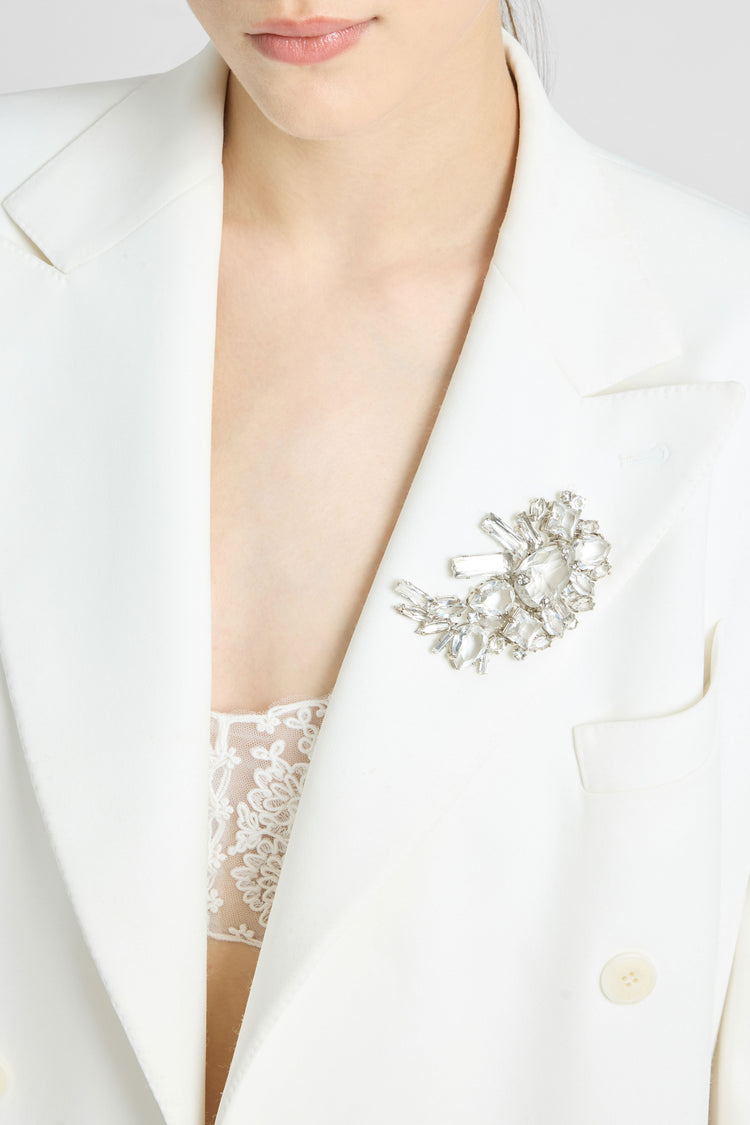 Double-breasted cadì viscose jacket with daisy brooch