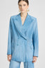 Double-breasted jacket in silk-effect chiffon, jeans print