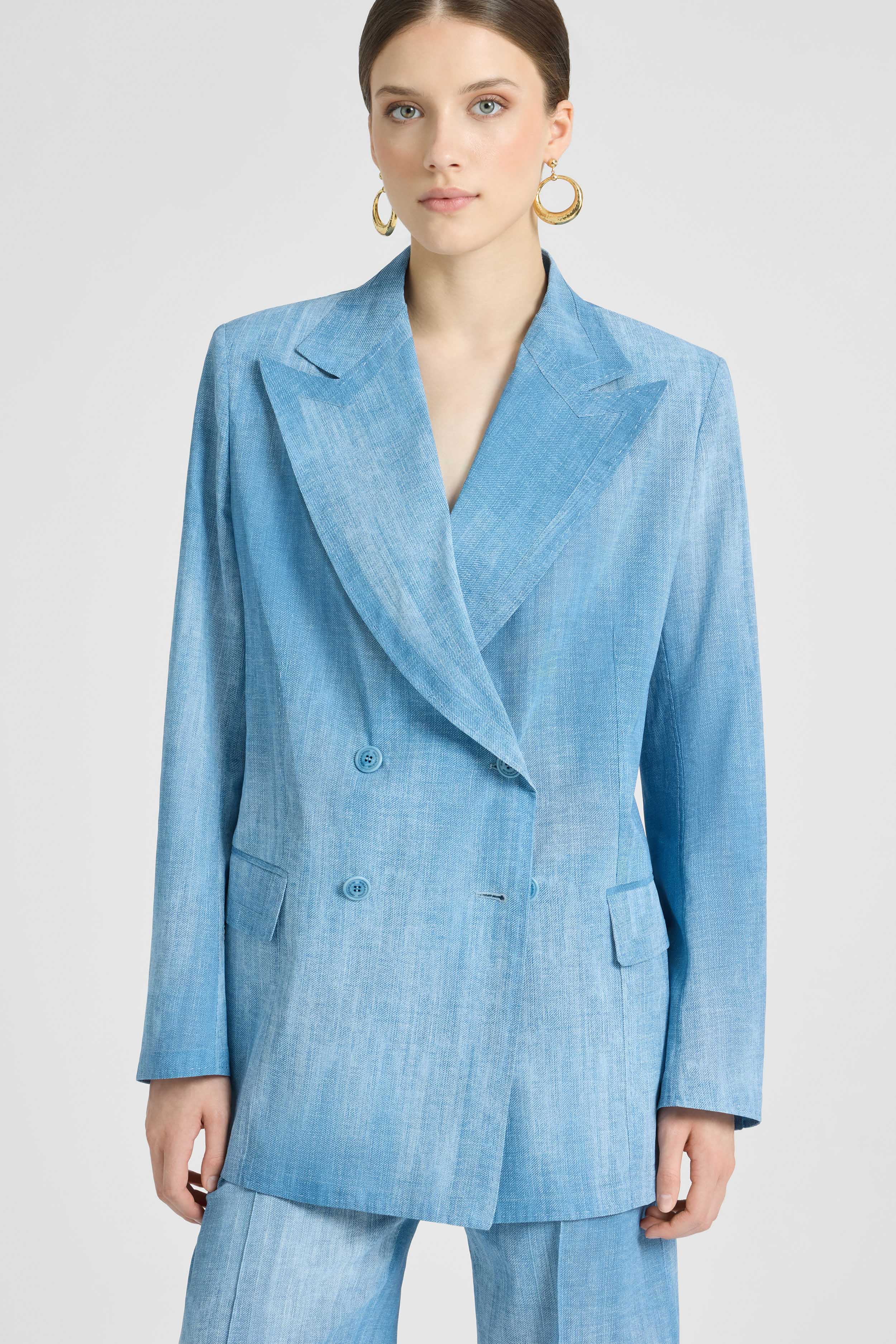 テーラードジャケット SUNSEA  SNM BLUE Double breasted jacket Double-breasted jacket in silk-effect chiffon, jeans print