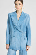 Double-breasted jacket in silk-effect chiffon, jeans print