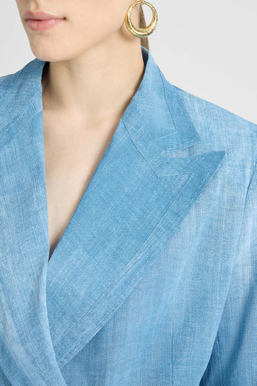 Double-breasted jacket in silk-effect chiffon, jeans print