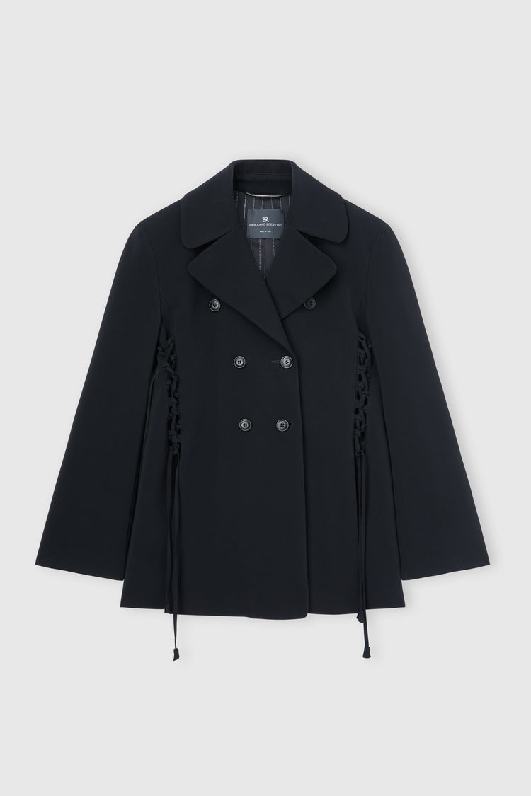 Double-breasted cadì viscose jacket with guepierre details