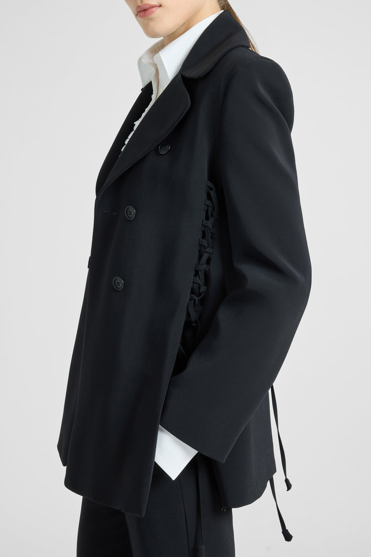 Double-breasted cadì viscose jacket with guepierre details