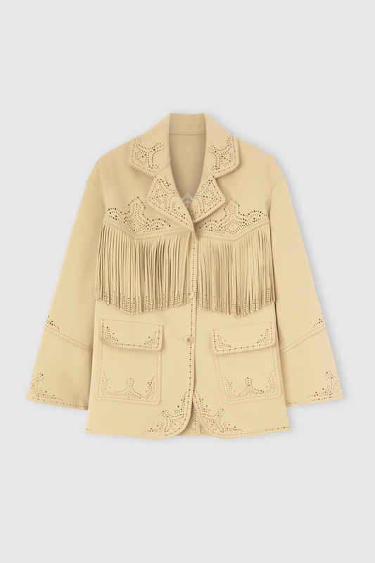 Single-breasted cadì jacket with fringes and broguing