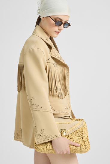 Single-breasted cadì jacket with fringes and broguing