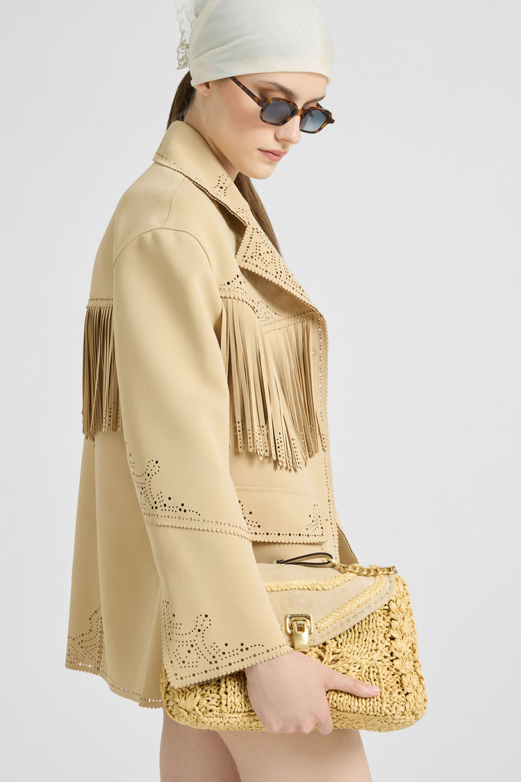 Single-breasted cadì jacket with fringes and broguing