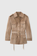 Sahariana in georgette tecnica con chiffon di seta e cintura in nappa