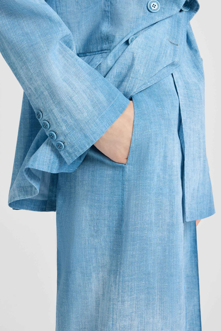 Wide-leg trousers in layered chiffon with jeans print