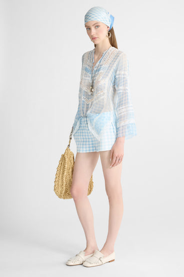 Shorts in marocain di viscosa stampa vichy bianco e azzurro