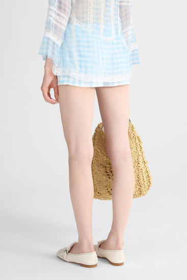 Shorts in marocain di viscosa stampa vichy bianco e azzurro