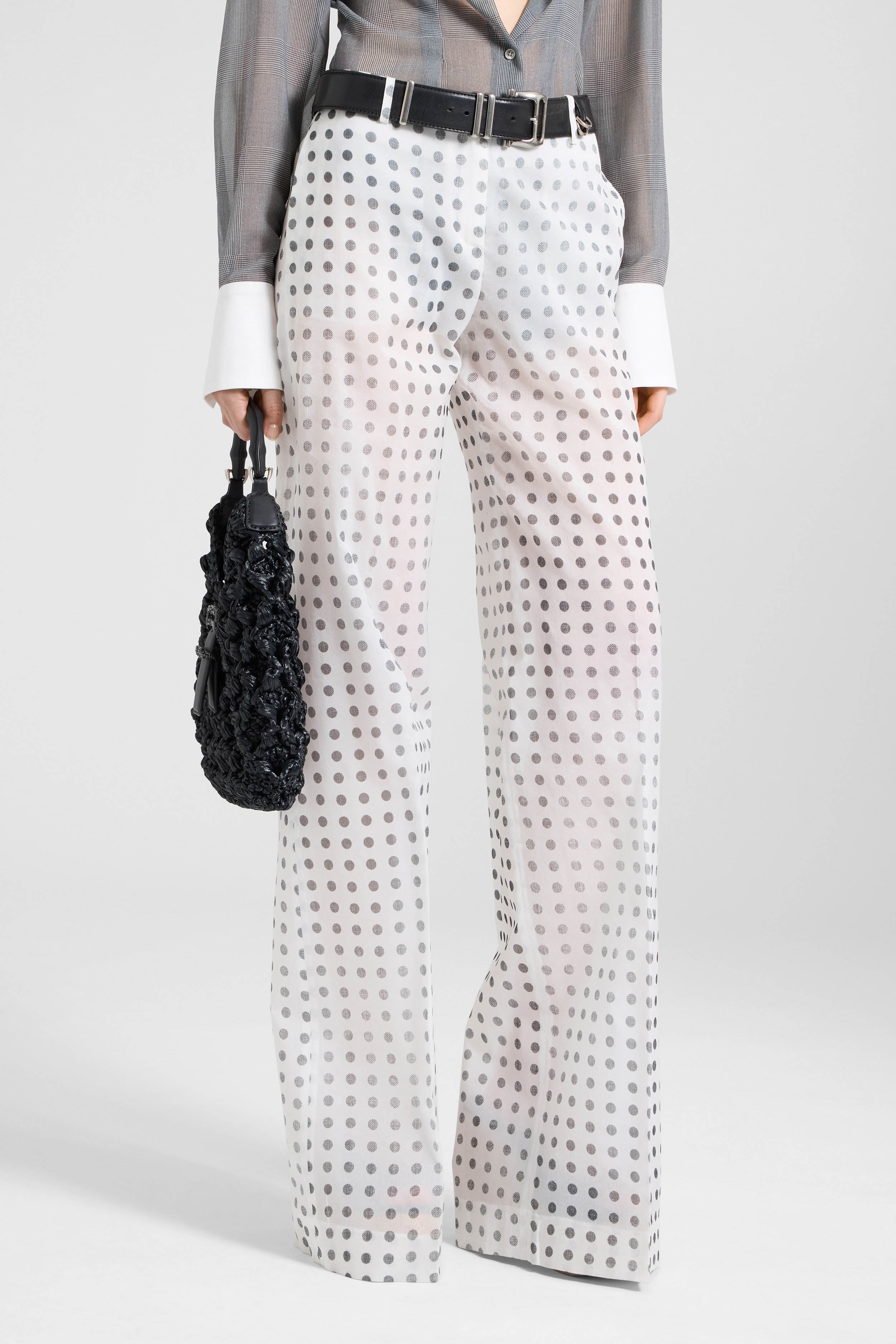 Pantalone palazzo in chiffon di seta con stampa pois