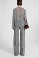 Pantalone palazzo in georgette tecnica con stampa principe di galles e cristalli applicati a mano