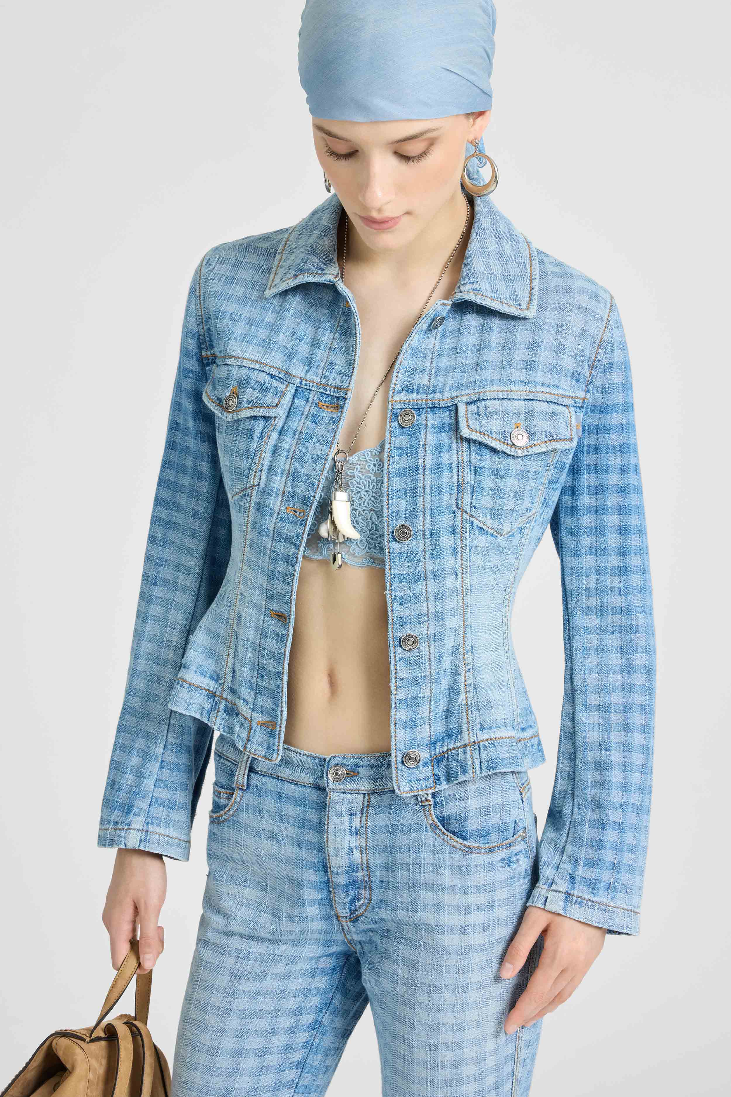 Bustier denim jacket in Vichy - Ermanno Scervino