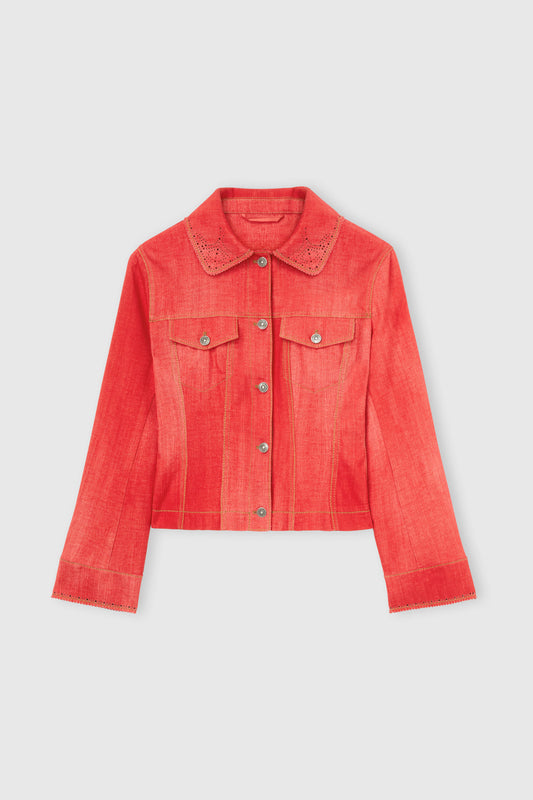 Fitted red jeans-print marocain jacket with broguing collar