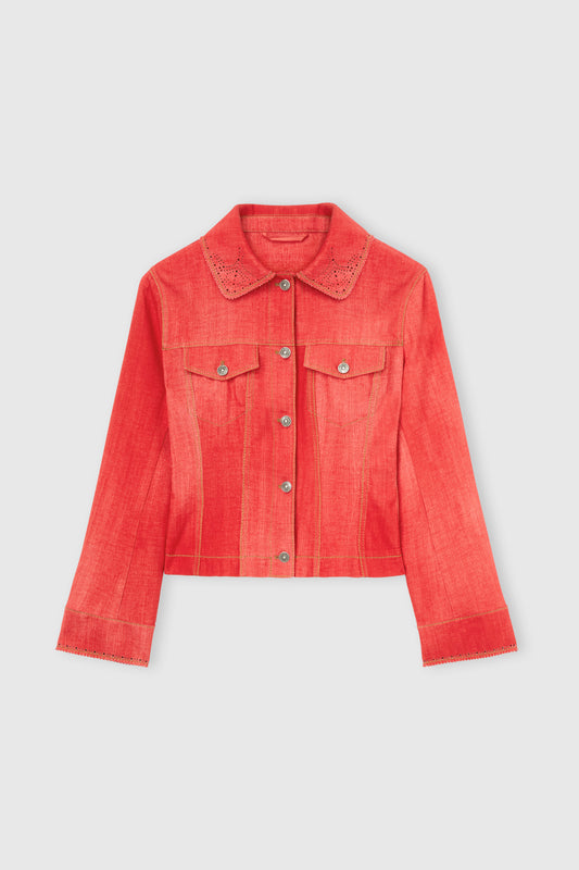 Giacca fittata in marocain stampa jeans rossa con colletto broguing