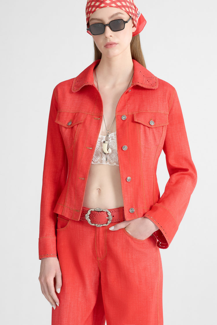 Fitted red jeans-print marocain jacket with broguing collar