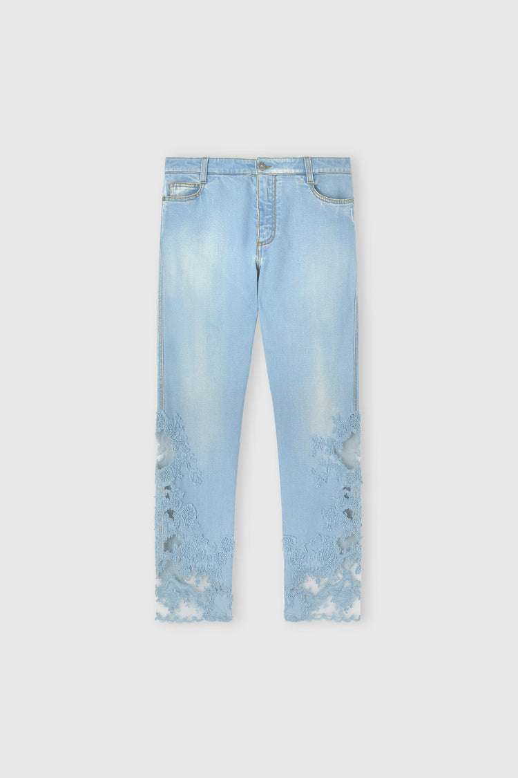 Straight-leg denim trousers with hand-applied rebrodè lace