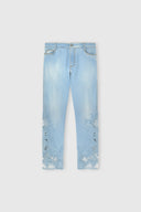 Straight-leg denim trousers with hand-applied rebrodè lace