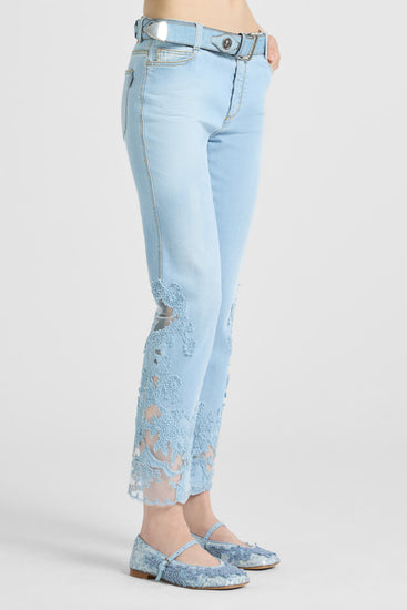 Straight-leg denim trousers with hand-applied rebrodè lace