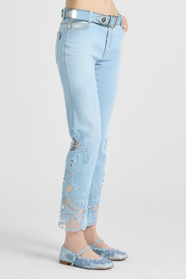 Straight-leg denim trousers with hand-applied rebrodè lace