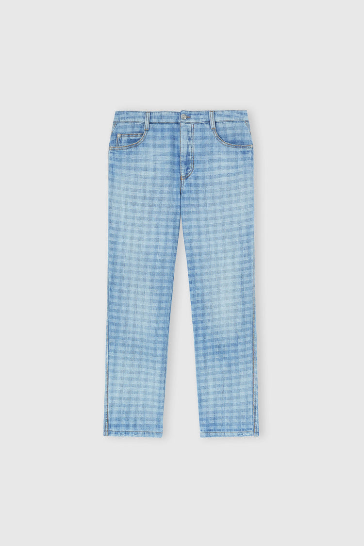 Straight-leg jacquard vichy denim trousers