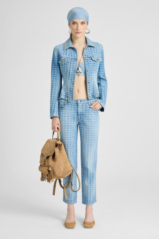 Straight-leg jacquard vichy denim trousers