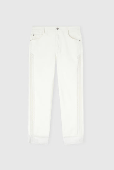 Cigarette-fit denim trousers with Valencienne lace inserts