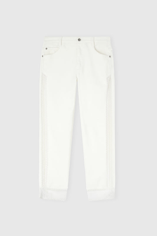 Cigarette-fit denim trousers with Valencienne lace inserts